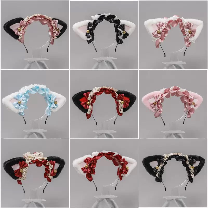 Cute Lolita Cat Ear Headband with Lace Bows Kawaii Fluffy Neko Maid Hair Accessory